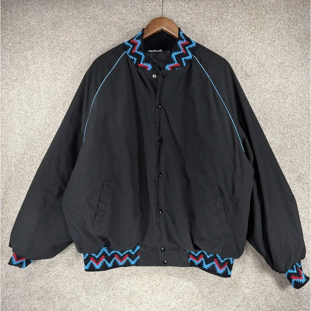 VTG Black Puffer Jacket Coat 90s Aztec Southwest‎ Trim Men's XL Baggy Retro